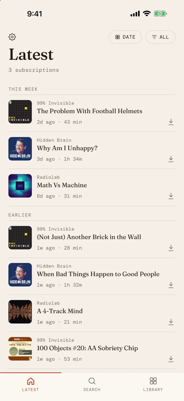 The Latest screen in Longwave, listing new episodes from subscribed shows grouped under Today and Yesterday.