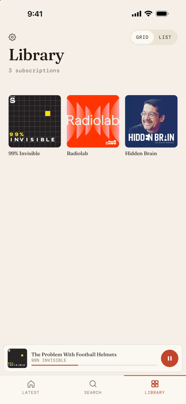 The Library, showing subscribed shows and downloaded episodes.